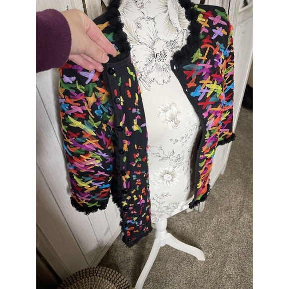 Vintage Michael Simon Woven Ribbons Cardigan Sweater Rainbow Women’s Medium - Picture 6 of 10